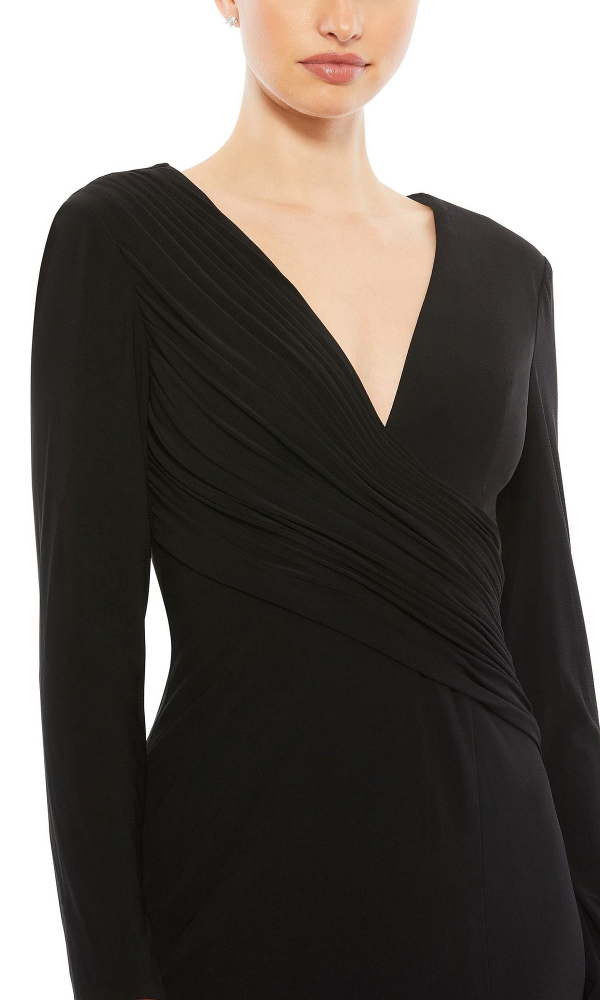 Woman wearing the Mac Duggal 26686 Long Sleeve Long Formal Dress, featuring a black design with a deep V-neckline and elegant ruched bodice detailing.